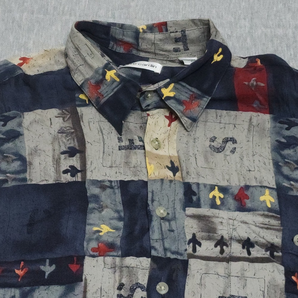 Vintage Pierre Cardin Rayon Shirt L Patchwork Geometric Abstract Short Sleeve
